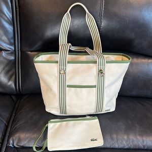 LACOSTE Large Canvas Logo Tote with matching pouch/ Green & Cream